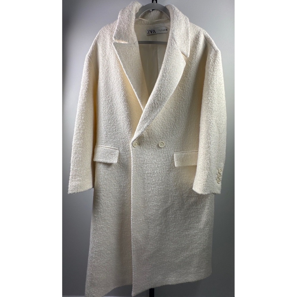 Zara Womens Cream Boucle Double Breasted Trench Coat Longline Jacket Size L